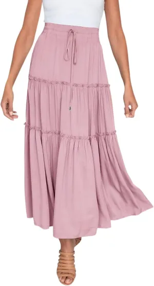 Womens Maxi Skirt Trendy Casual Flowy A Line Drawstring Elastic Waist Tiered Ruffle Pleated Swing Boho Long Skirt