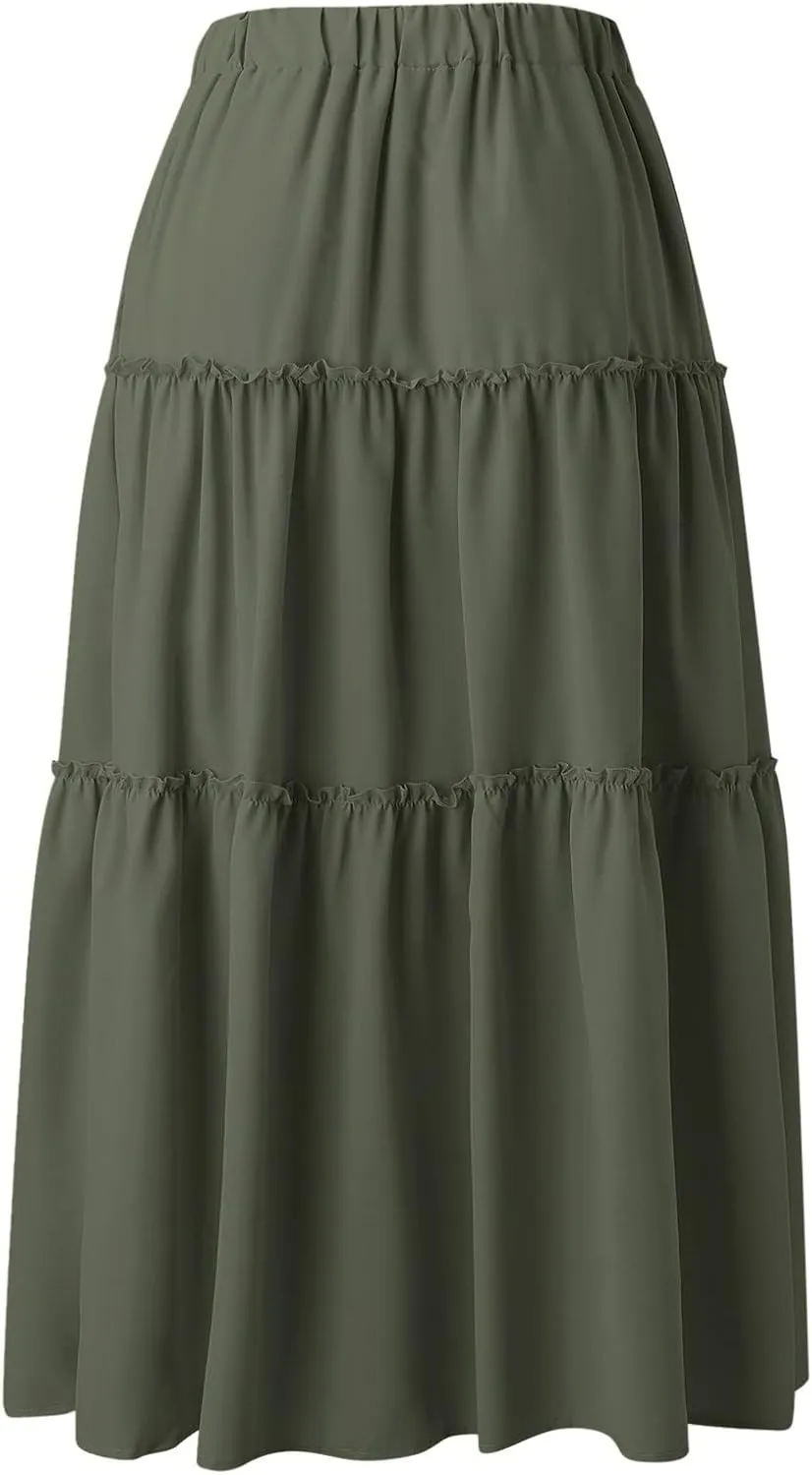 Womens Maxi Skirt Trendy Casual Flowy A Line Drawstring Elastic Waist Tiered Ruffle Pleated Swing Boho Long Skirt