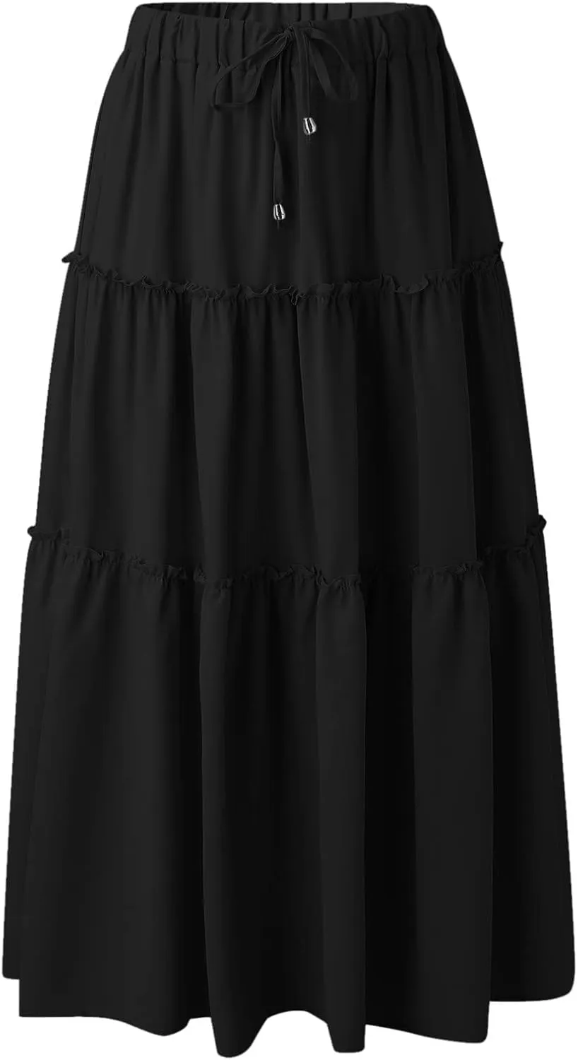 Womens Maxi Skirt Trendy Casual Flowy A Line Drawstring Elastic Waist Tiered Ruffle Pleated Swing Boho Long Skirt