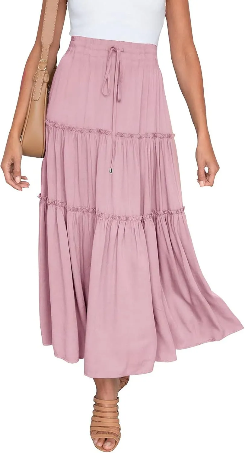 Womens Maxi Skirt Trendy Casual Flowy A Line Drawstring Elastic Waist Tiered Ruffle Pleated Swing Boho Long Skirt