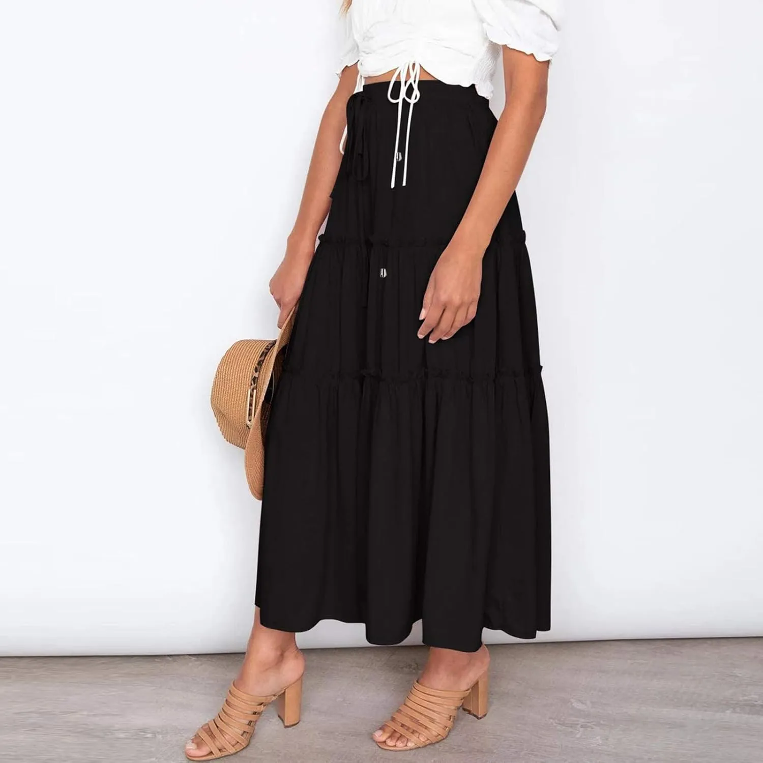 Womens Maxi Skirt Trendy Casual Flowy A Line Drawstring Elastic Waist Tiered Ruffle Pleated Swing Boho Long Skirt
