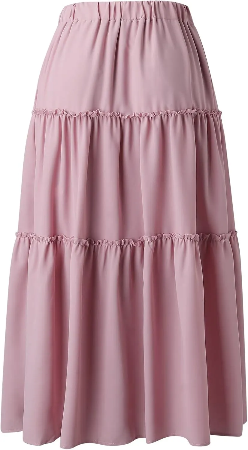 Womens Maxi Skirt Trendy Casual Flowy A Line Drawstring Elastic Waist Tiered Ruffle Pleated Swing Boho Long Skirt