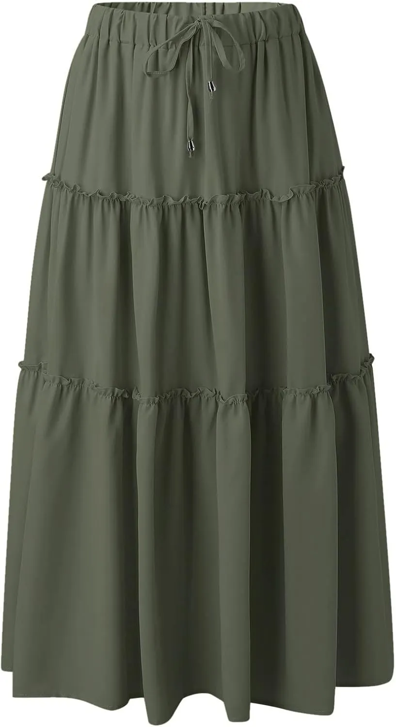 Womens Maxi Skirt Trendy Casual Flowy A Line Drawstring Elastic Waist Tiered Ruffle Pleated Swing Boho Long Skirt