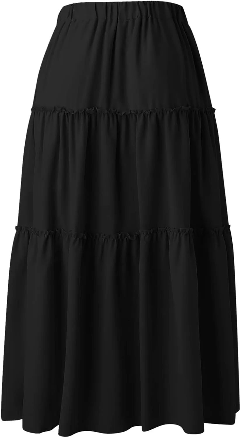 Womens Maxi Skirt Trendy Casual Flowy A Line Drawstring Elastic Waist Tiered Ruffle Pleated Swing Boho Long Skirt