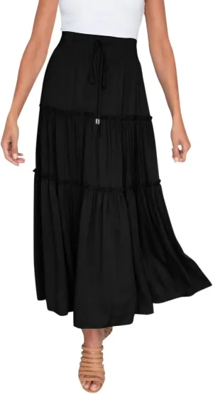 Womens Maxi Skirt Trendy Casual Flowy A Line Drawstring Elastic Waist Tiered Ruffle Pleated Swing Boho Long Skirt