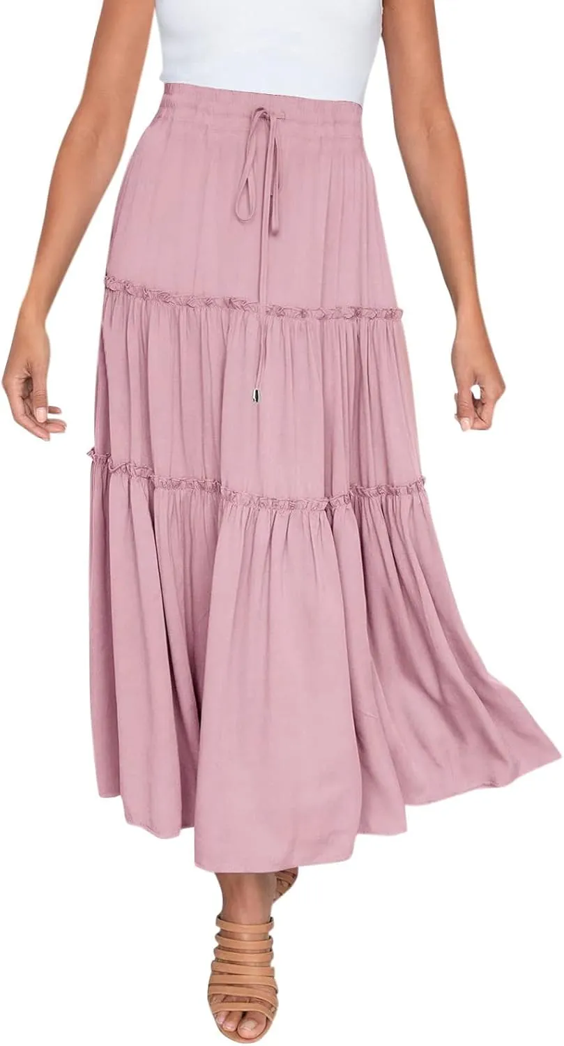 Womens Maxi Skirt Trendy Casual Flowy A Line Drawstring Elastic Waist Tiered Ruffle Pleated Swing Boho Long Skirt