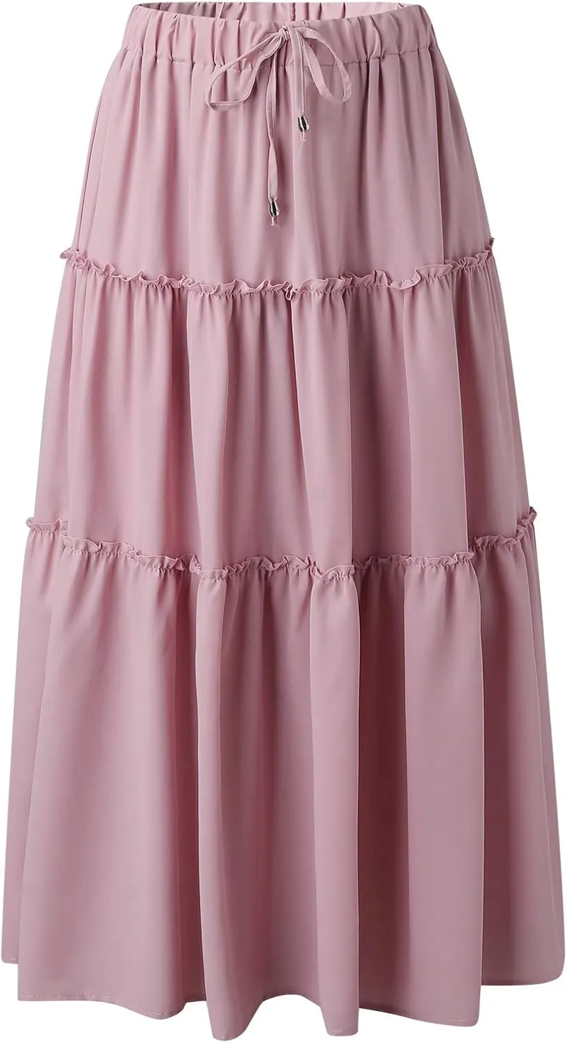 Womens Maxi Skirt Trendy Casual Flowy A Line Drawstring Elastic Waist Tiered Ruffle Pleated Swing Boho Long Skirt