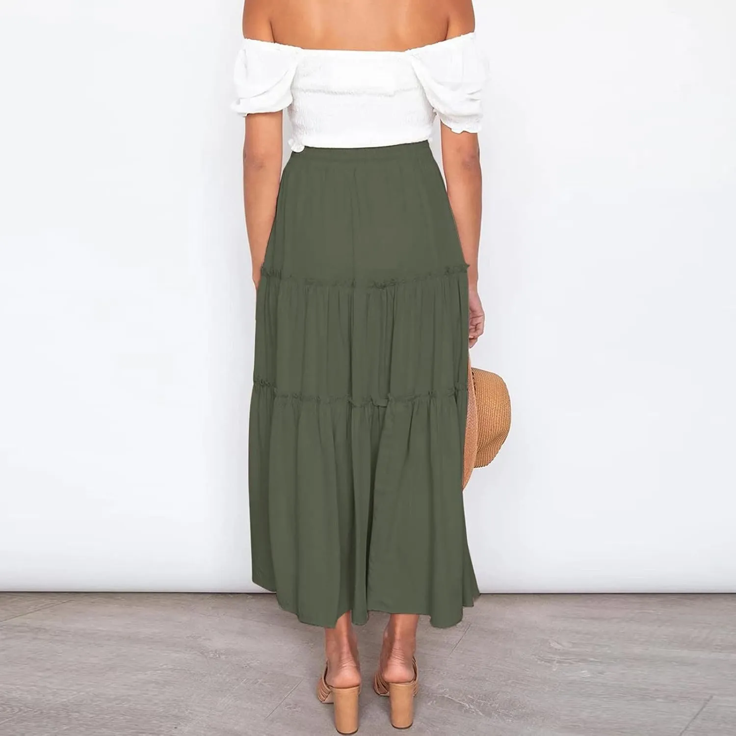 Womens Maxi Skirt Trendy Casual Flowy A Line Drawstring Elastic Waist Tiered Ruffle Pleated Swing Boho Long Skirt