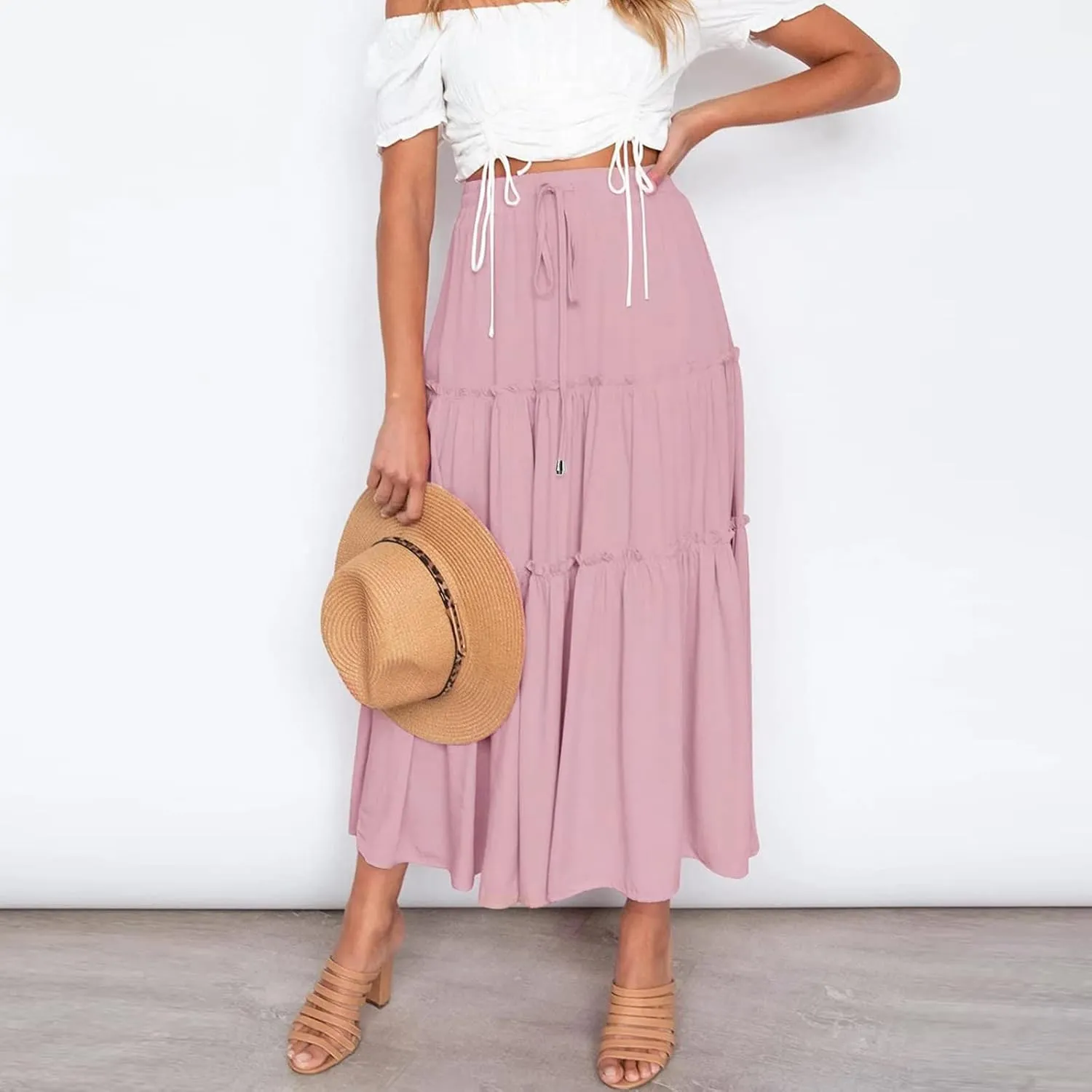 Womens Maxi Skirt Trendy Casual Flowy A Line Drawstring Elastic Waist Tiered Ruffle Pleated Swing Boho Long Skirt