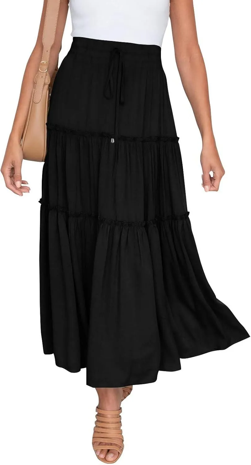 Womens Maxi Skirt Trendy Casual Flowy A Line Drawstring Elastic Waist Tiered Ruffle Pleated Swing Boho Long Skirt