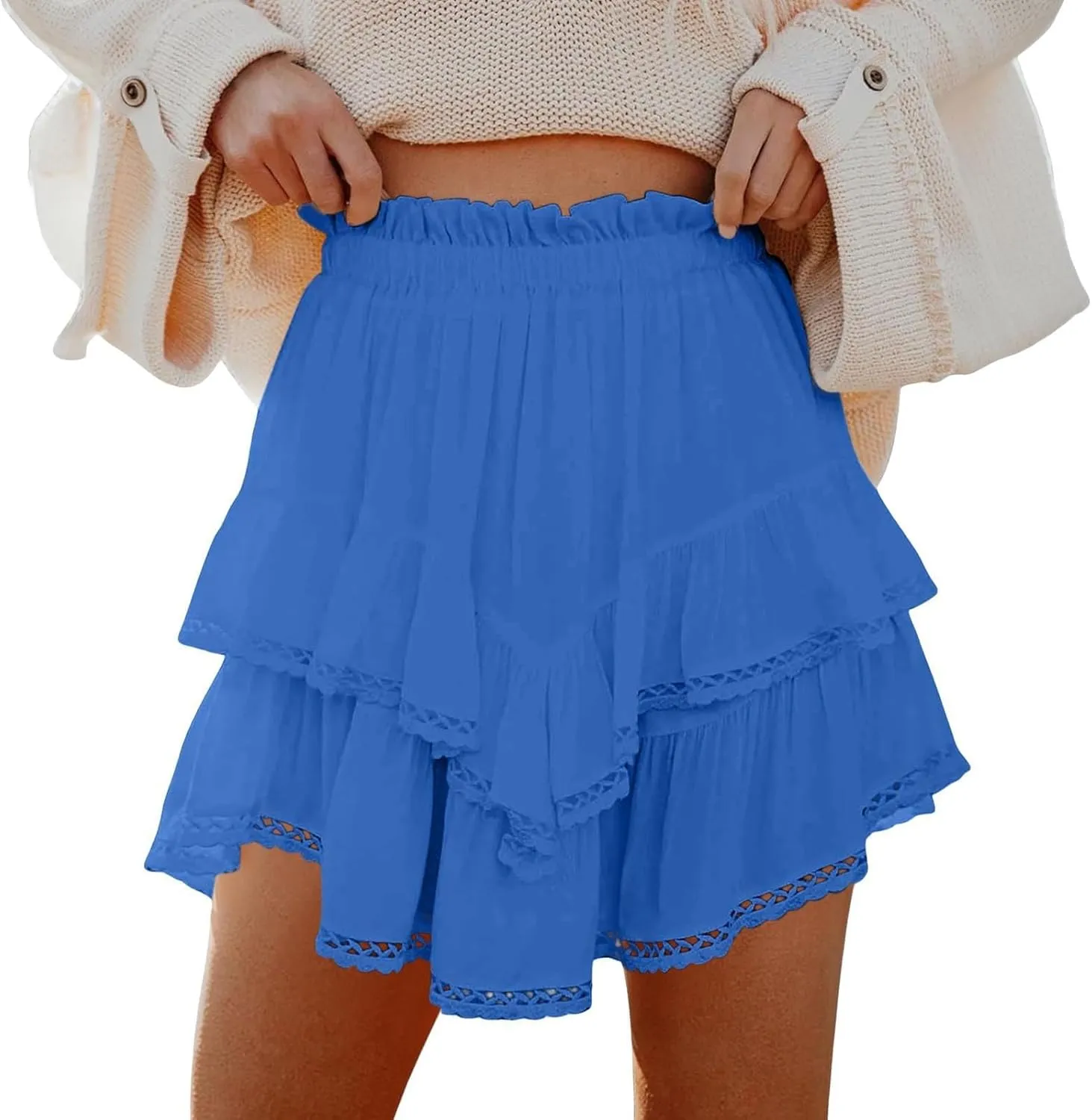 Womens Mini Skirts Double Layer Ruffle Fashion Solid Color Lace Hem Elastic Waist Skirts Swing Cute Beach Skorts