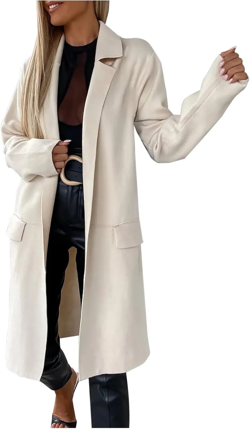 Women's Notch Lapel Pea Coats Open Front Winter Trench Coats Mid Length Overcoat Wool Blend Coats with Pockets