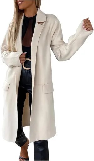 Women's Notch Lapel Pea Coats Open Front Winter Trench Coats Mid Length Overcoat Wool Blend Coats with Pockets