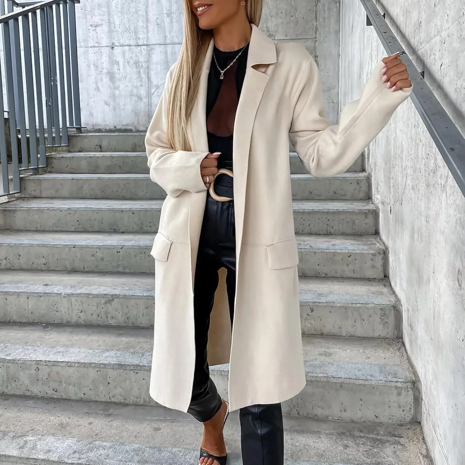 Women's Notch Lapel Pea Coats Open Front Winter Trench Coats Mid Length Overcoat Wool Blend Coats with Pockets
