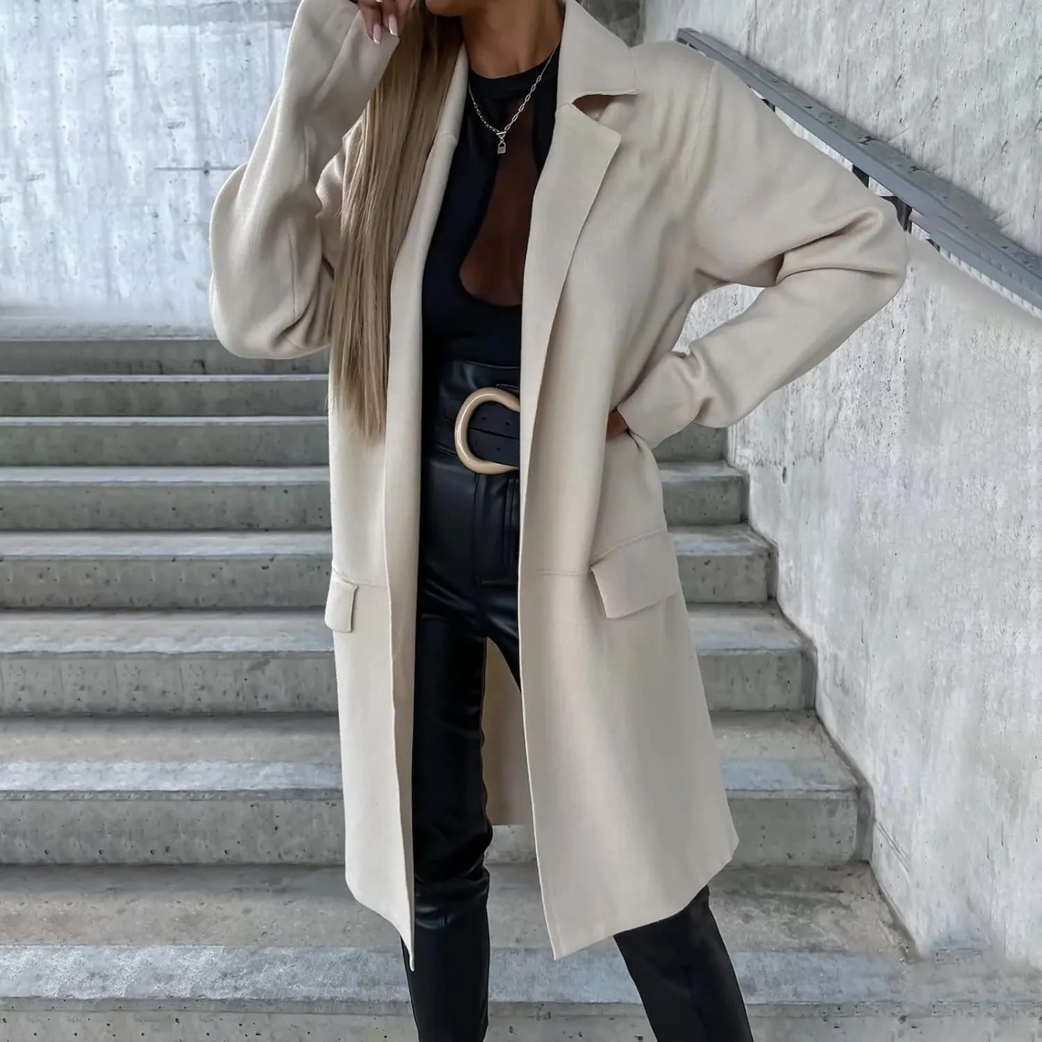 Women's Notch Lapel Pea Coats Open Front Winter Trench Coats Mid Length Overcoat Wool Blend Coats with Pockets
