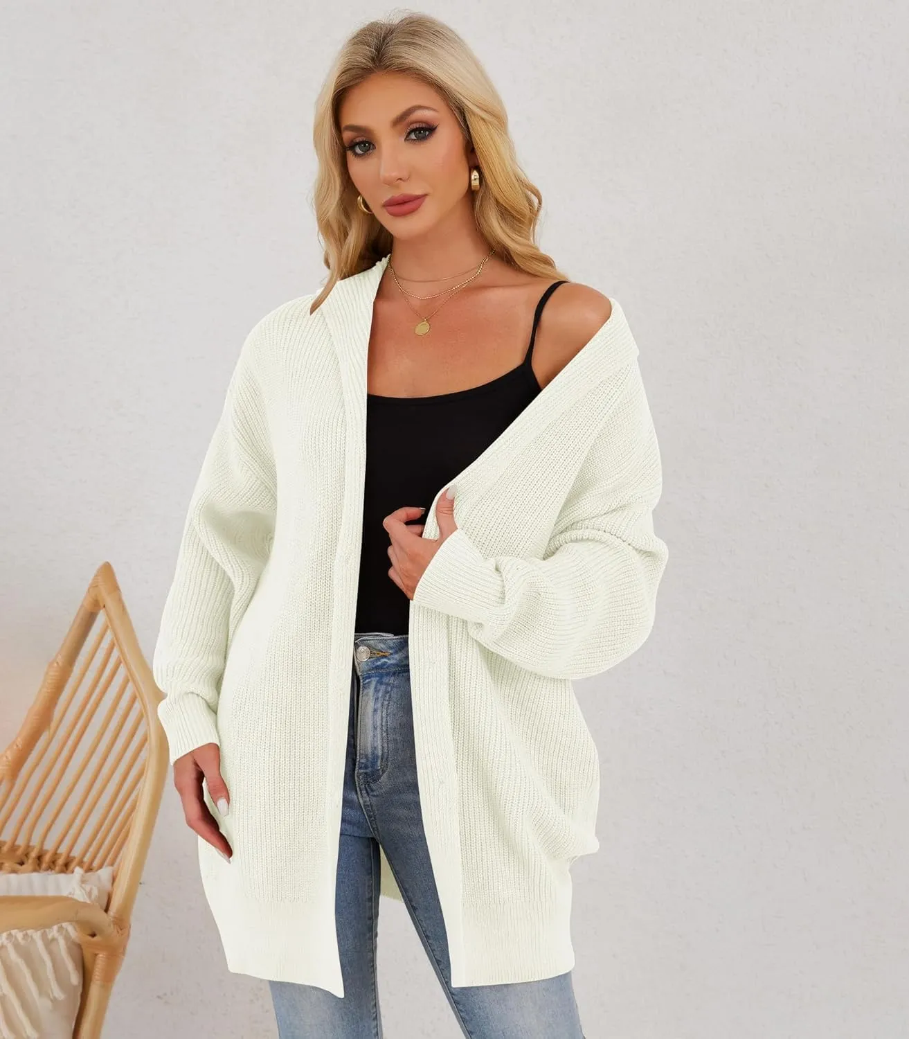 Womens Oversized Cardigans Open Front Knit Cardigan Sweater Drape Chunky Button Down Casual Fall Outerwear with Pockets