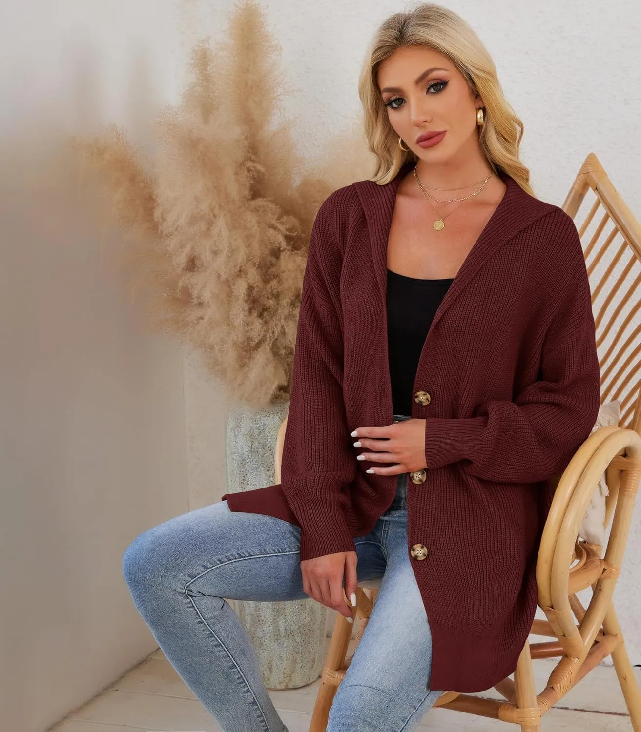 Womens Oversized Cardigans Open Front Knit Cardigan Sweater Drape Chunky Button Down Casual Fall Outerwear with Pockets