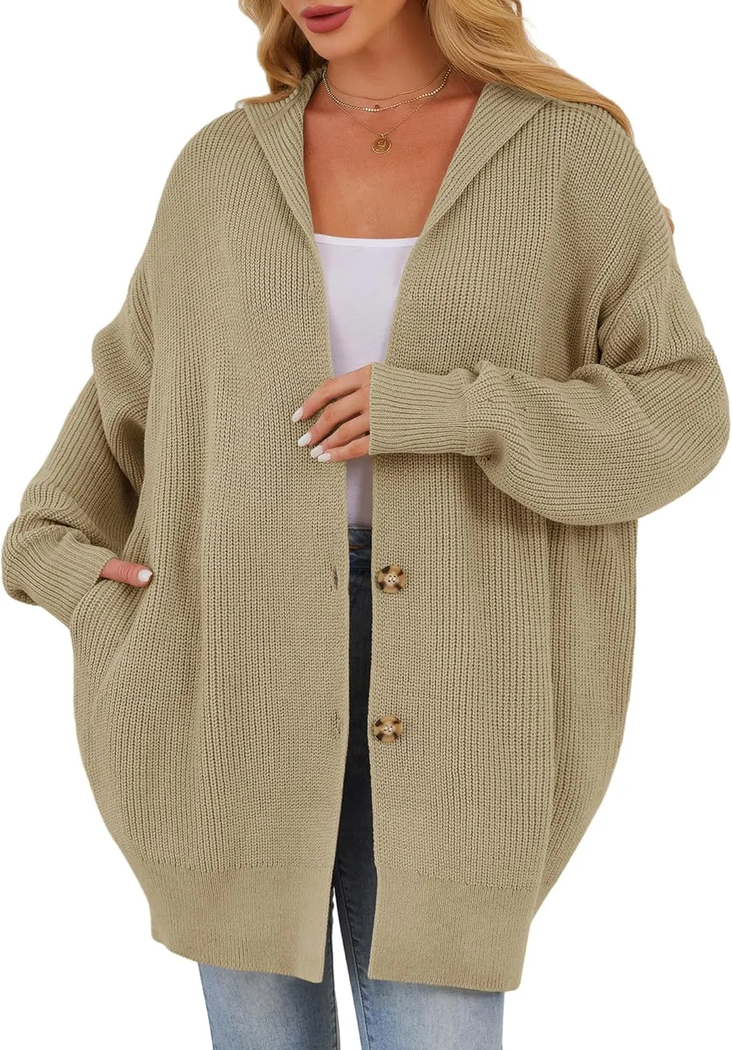 Womens Oversized Cardigans Open Front Knit Cardigan Sweater Drape Chunky Button Down Casual Fall Outerwear with Pockets