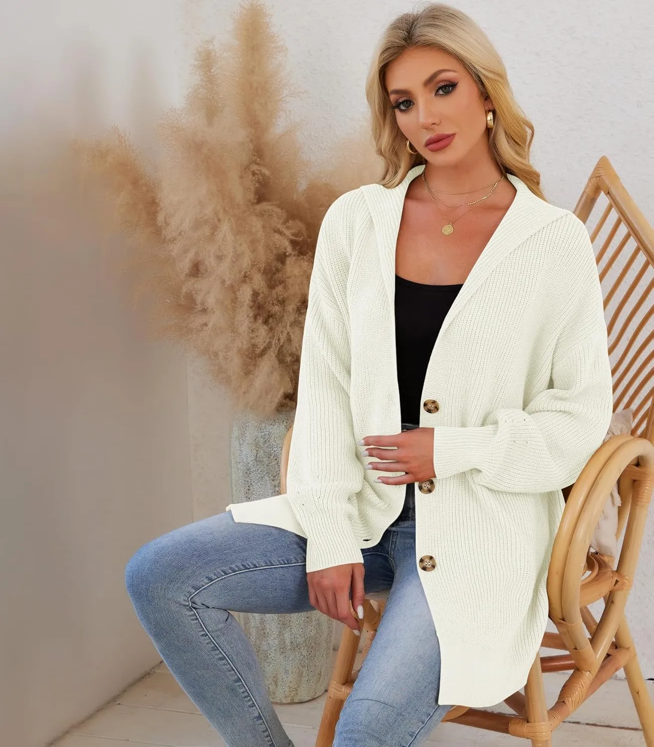 Womens Oversized Cardigans Open Front Knit Cardigan Sweater Drape Chunky Button Down Casual Fall Outerwear with Pockets
