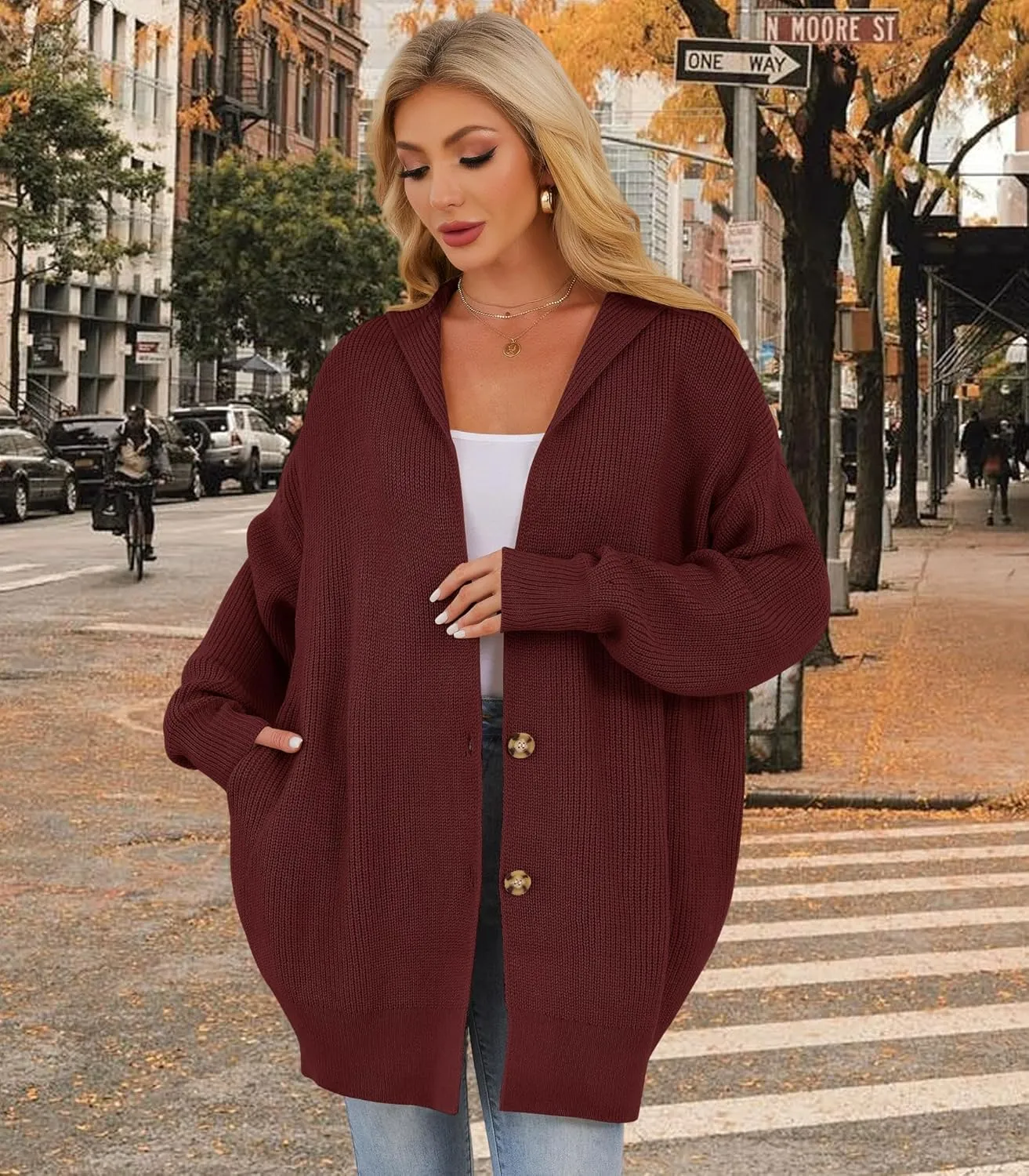 Womens Oversized Cardigans Open Front Knit Cardigan Sweater Drape Chunky Button Down Casual Fall Outerwear with Pockets