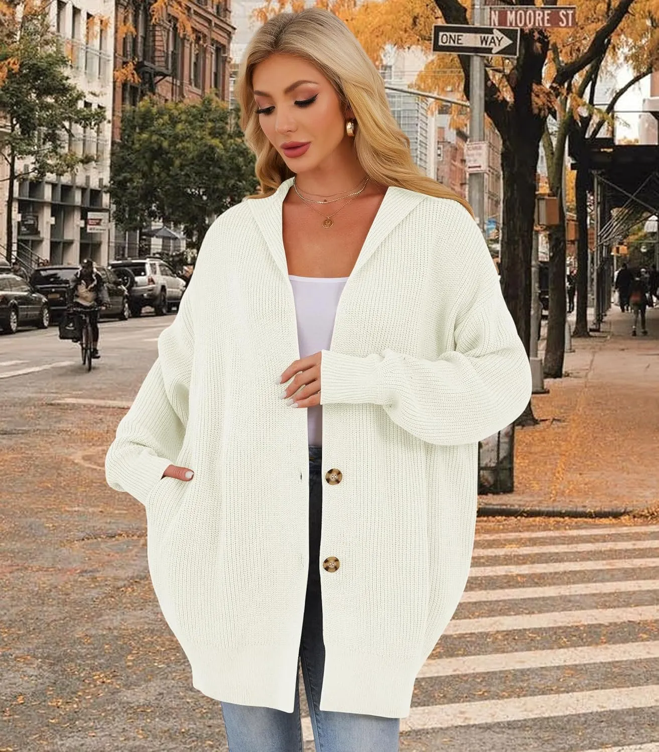 Womens Oversized Cardigans Open Front Knit Cardigan Sweater Drape Chunky Button Down Casual Fall Outerwear with Pockets