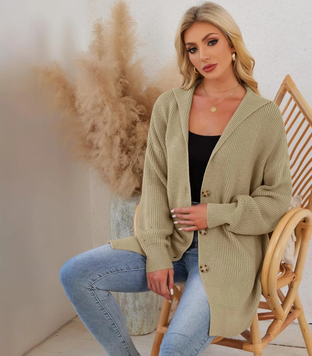 Womens Oversized Cardigans Open Front Knit Cardigan Sweater Drape Chunky Button Down Casual Fall Outerwear with Pockets
