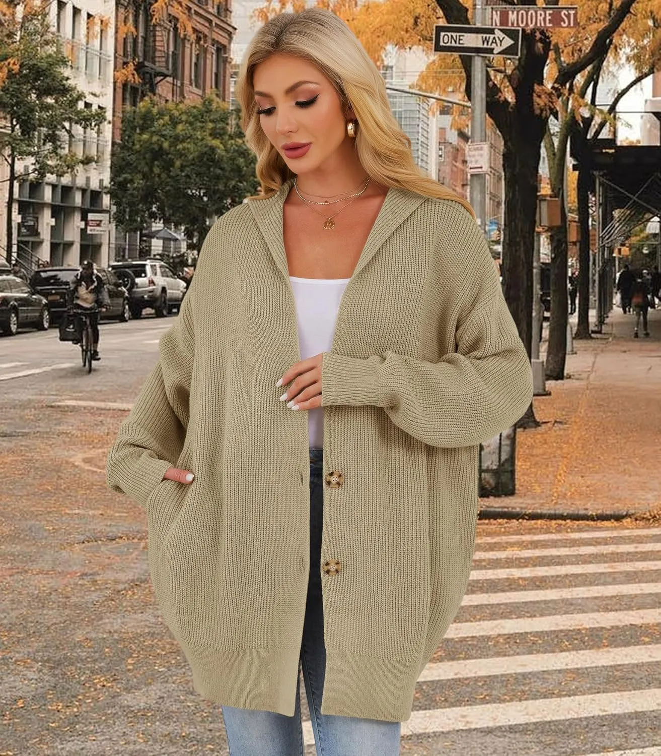 Womens Oversized Cardigans Open Front Knit Cardigan Sweater Drape Chunky Button Down Casual Fall Outerwear with Pockets