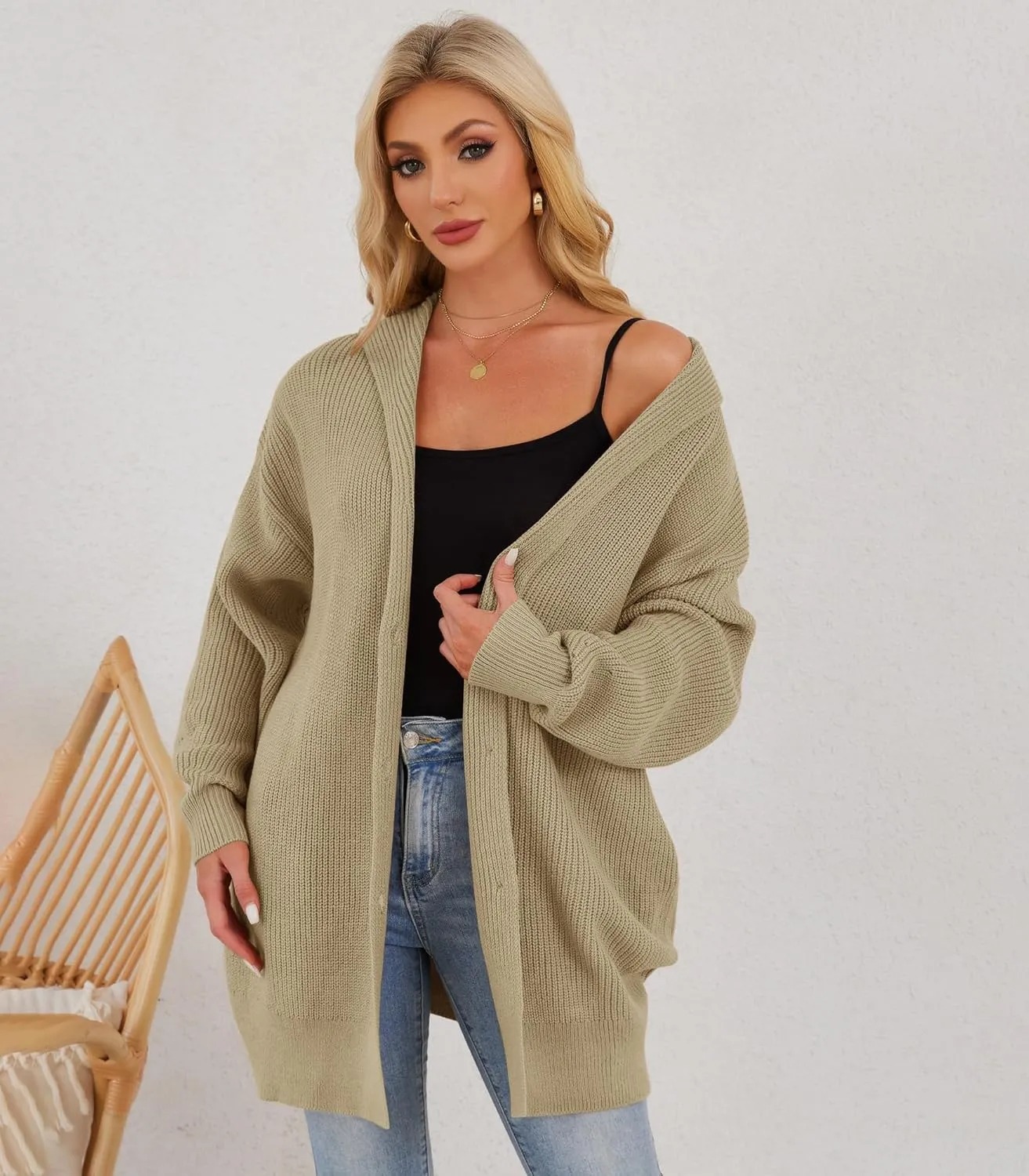 Womens Oversized Cardigans Open Front Knit Cardigan Sweater Drape Chunky Button Down Casual Fall Outerwear with Pockets