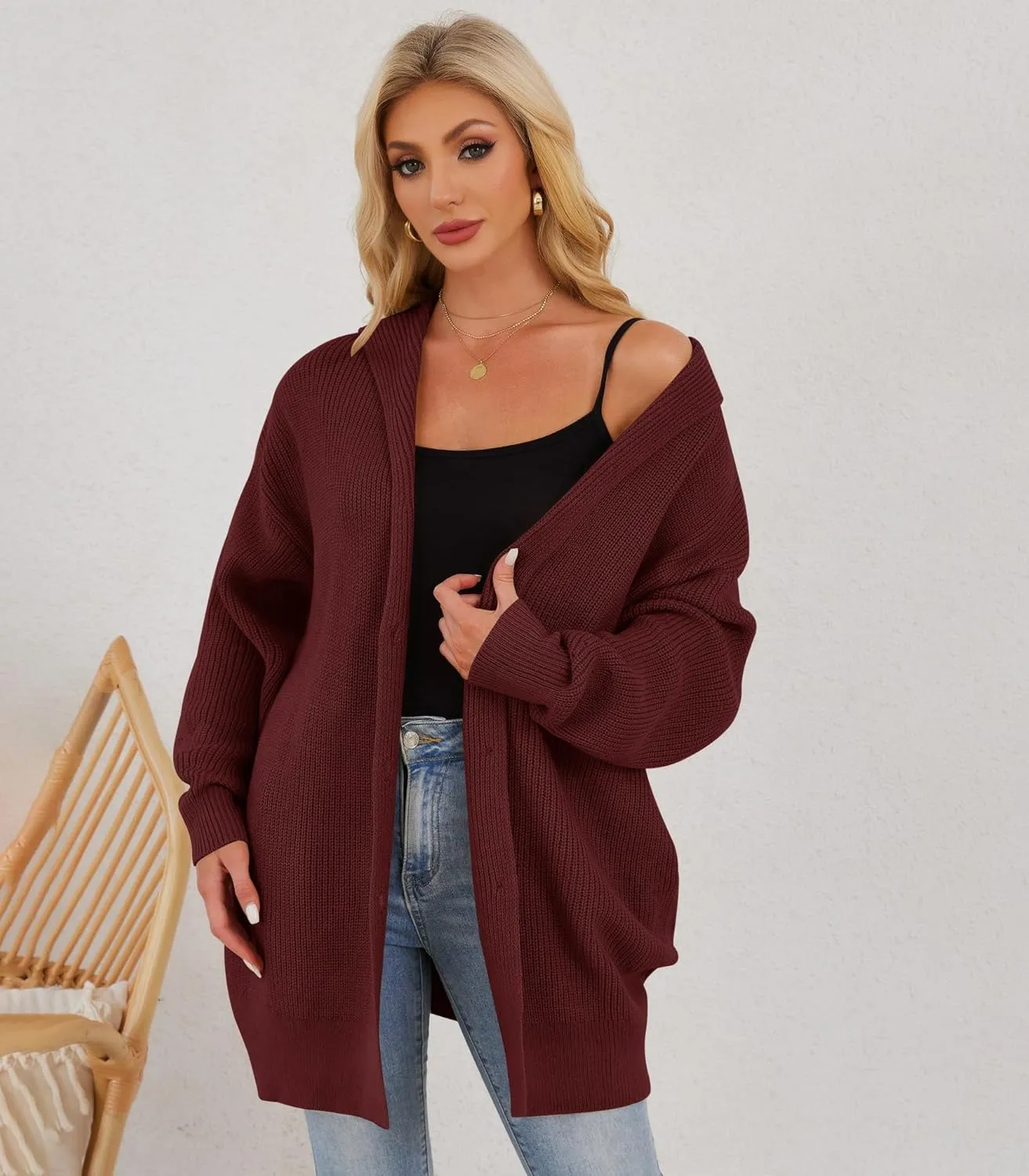 Womens Oversized Cardigans Open Front Knit Cardigan Sweater Drape Chunky Button Down Casual Fall Outerwear with Pockets