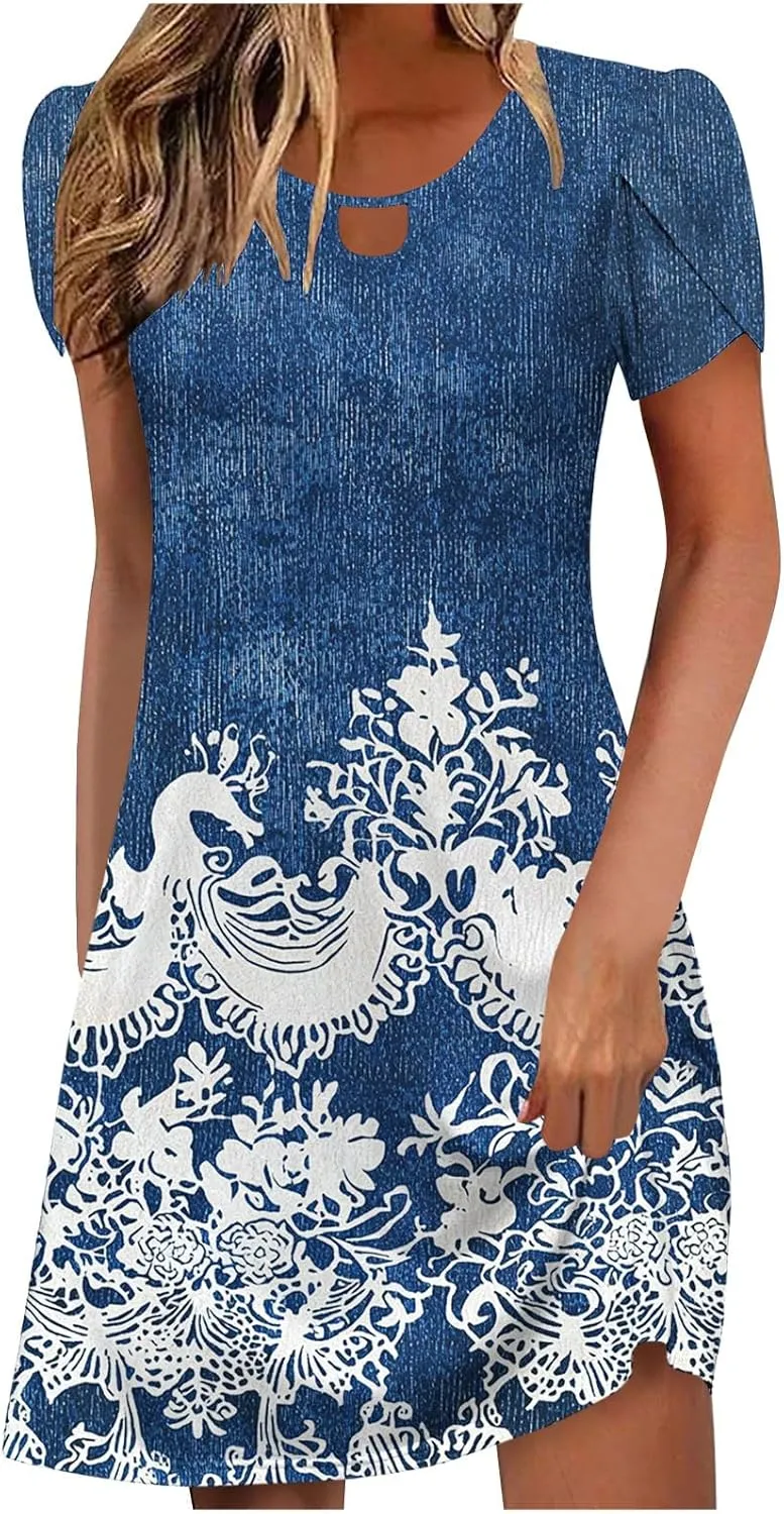 Women's Petal Sleeve Summer Trendy Polka Dots Dress Loose Keyhole Crew Neck A-Line Swing Cocktail Beach Mini Dresses