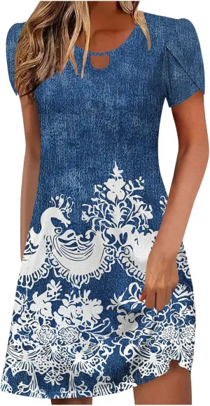 Women's Petal Sleeve Summer Trendy Polka Dots Dress Loose Keyhole Crew Neck A-Line Swing Cocktail Beach Mini Dresses