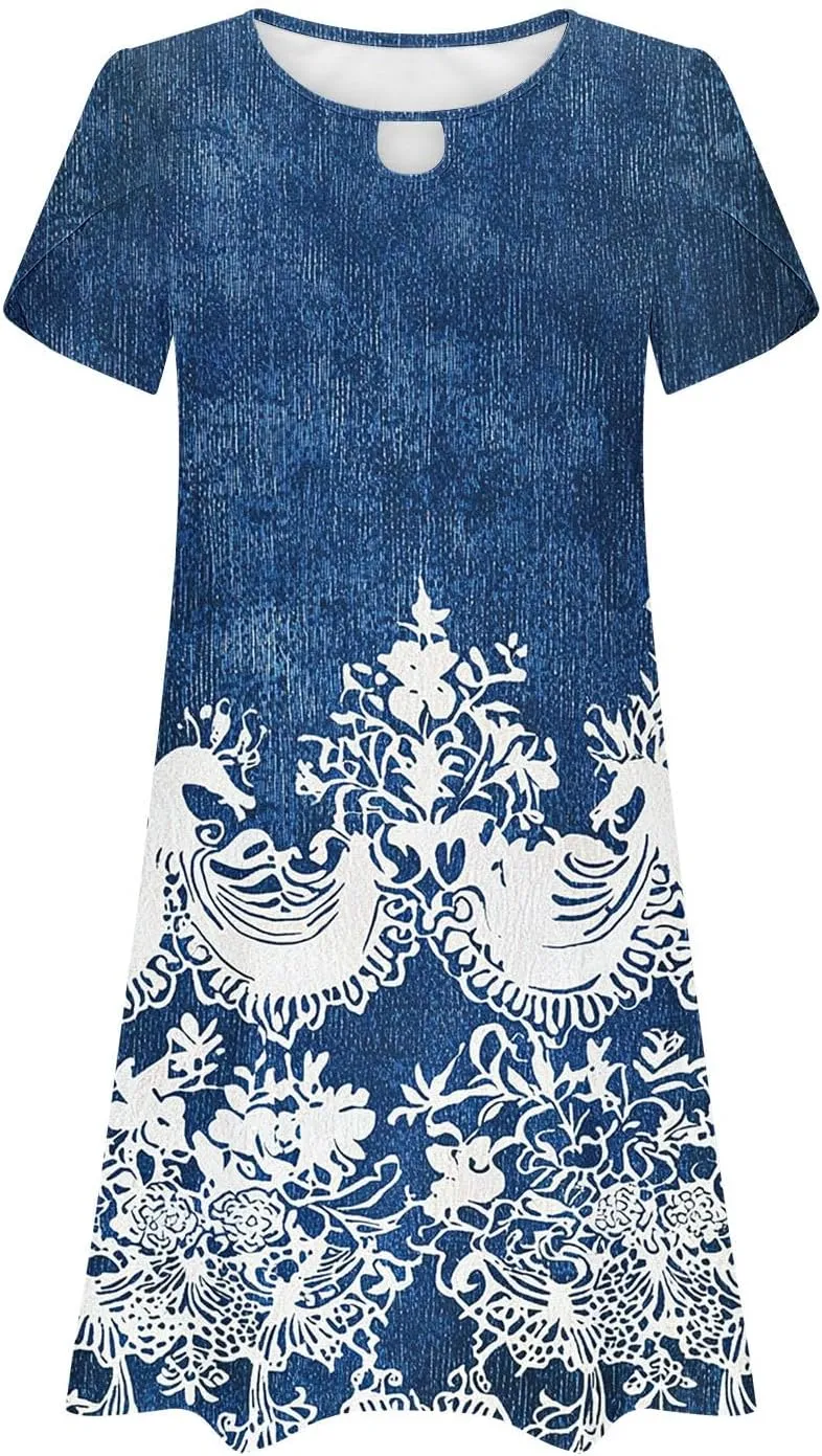 Women's Petal Sleeve Summer Trendy Polka Dots Dress Loose Keyhole Crew Neck A-Line Swing Cocktail Beach Mini Dresses