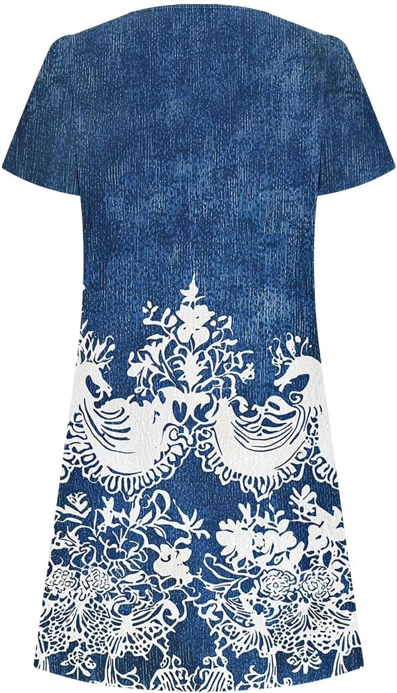 Women's Petal Sleeve Summer Trendy Polka Dots Dress Loose Keyhole Crew Neck A-Line Swing Cocktail Beach Mini Dresses