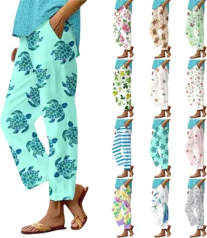 Womens Plus Size Linen Pants Elastic High Waisted Cropped Pants with Pockets Printed Casual Summer Beach Trousers