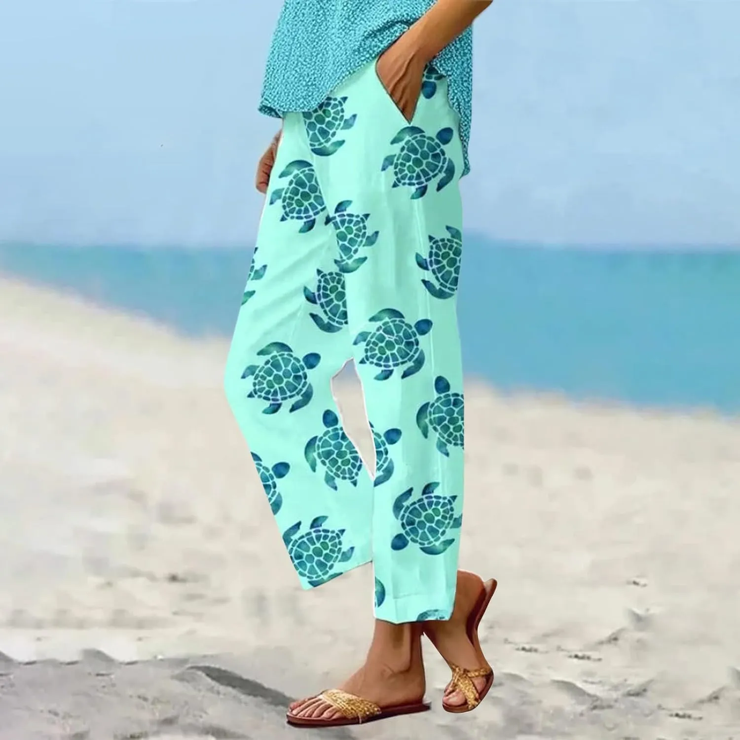Womens Plus Size Linen Pants Elastic High Waisted Cropped Pants with Pockets Printed Casual Summer Beach Trousers