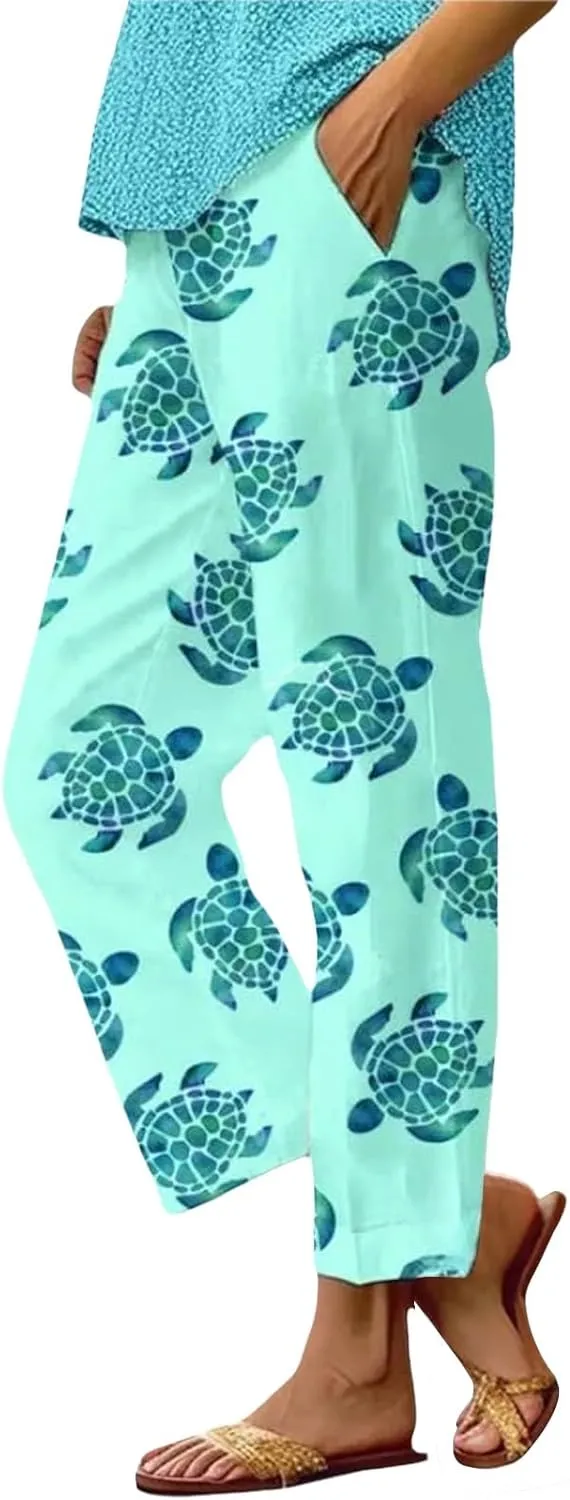 Womens Plus Size Linen Pants Elastic High Waisted Cropped Pants with Pockets Printed Casual Summer Beach Trousers