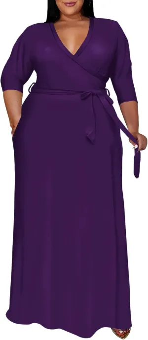 Women's Plus Size Long Maxi Wrap Dresses V Neck 3/4 Sleeve Summer Sundress with Belt