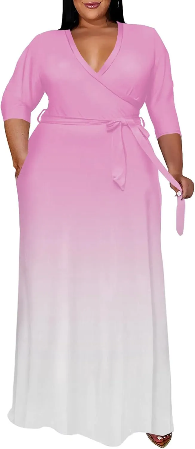 Women's Plus Size Long Maxi Wrap Dresses V Neck 3/4 Sleeve Summer Sundress with Belt