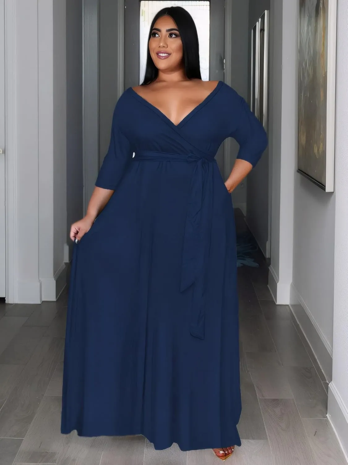 Women's Plus Size Long Maxi Wrap Dresses V Neck 3/4 Sleeve Summer Sundress with Belt