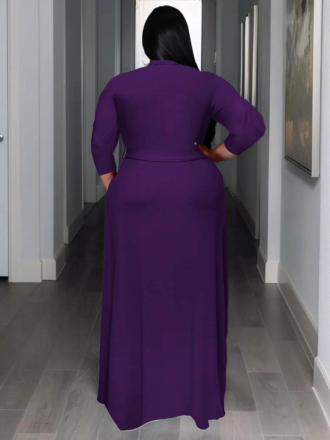 Women's Plus Size Long Maxi Wrap Dresses V Neck 3/4 Sleeve Summer Sundress with Belt