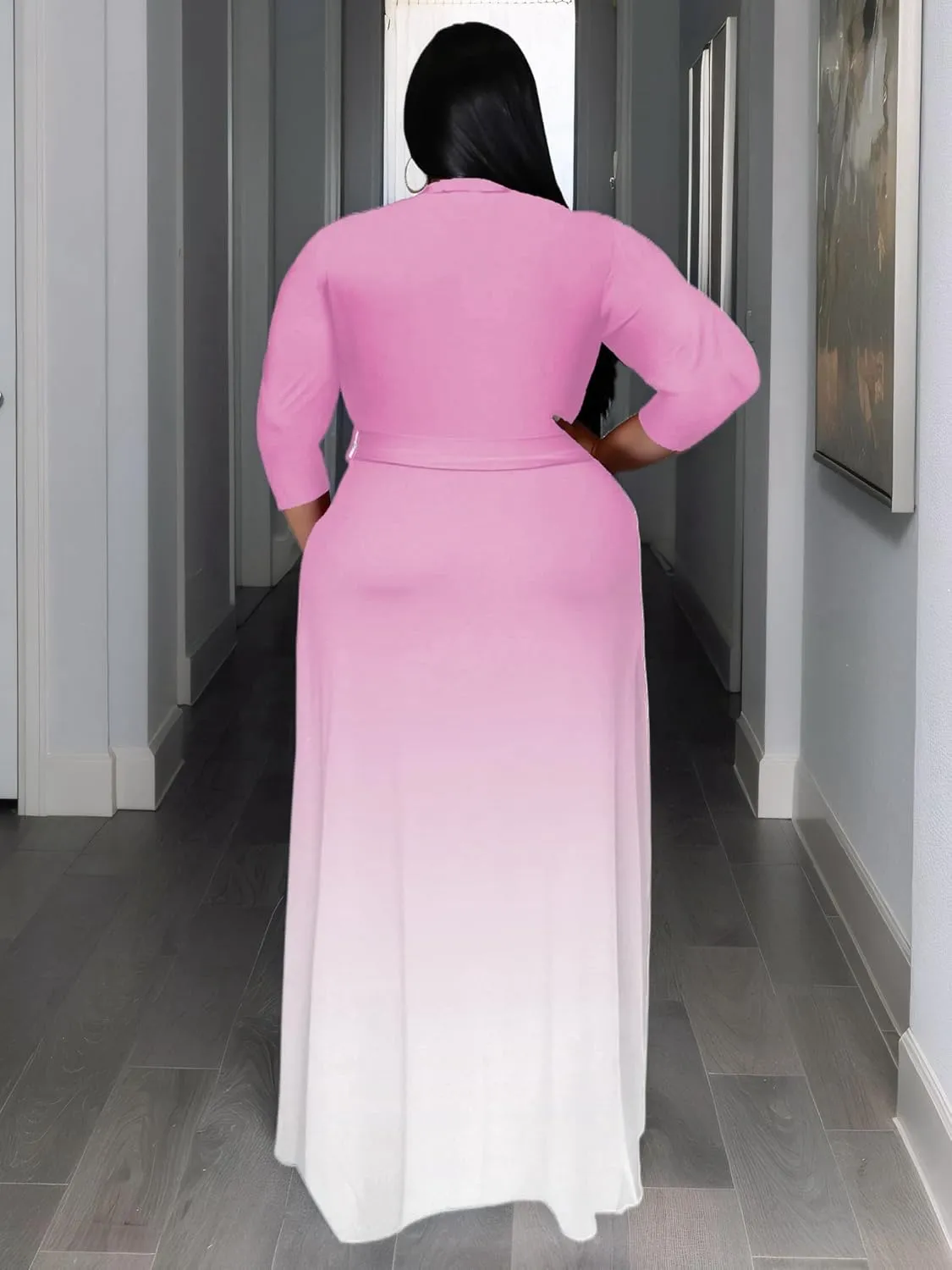 Women's Plus Size Long Maxi Wrap Dresses V Neck 3/4 Sleeve Summer Sundress with Belt
