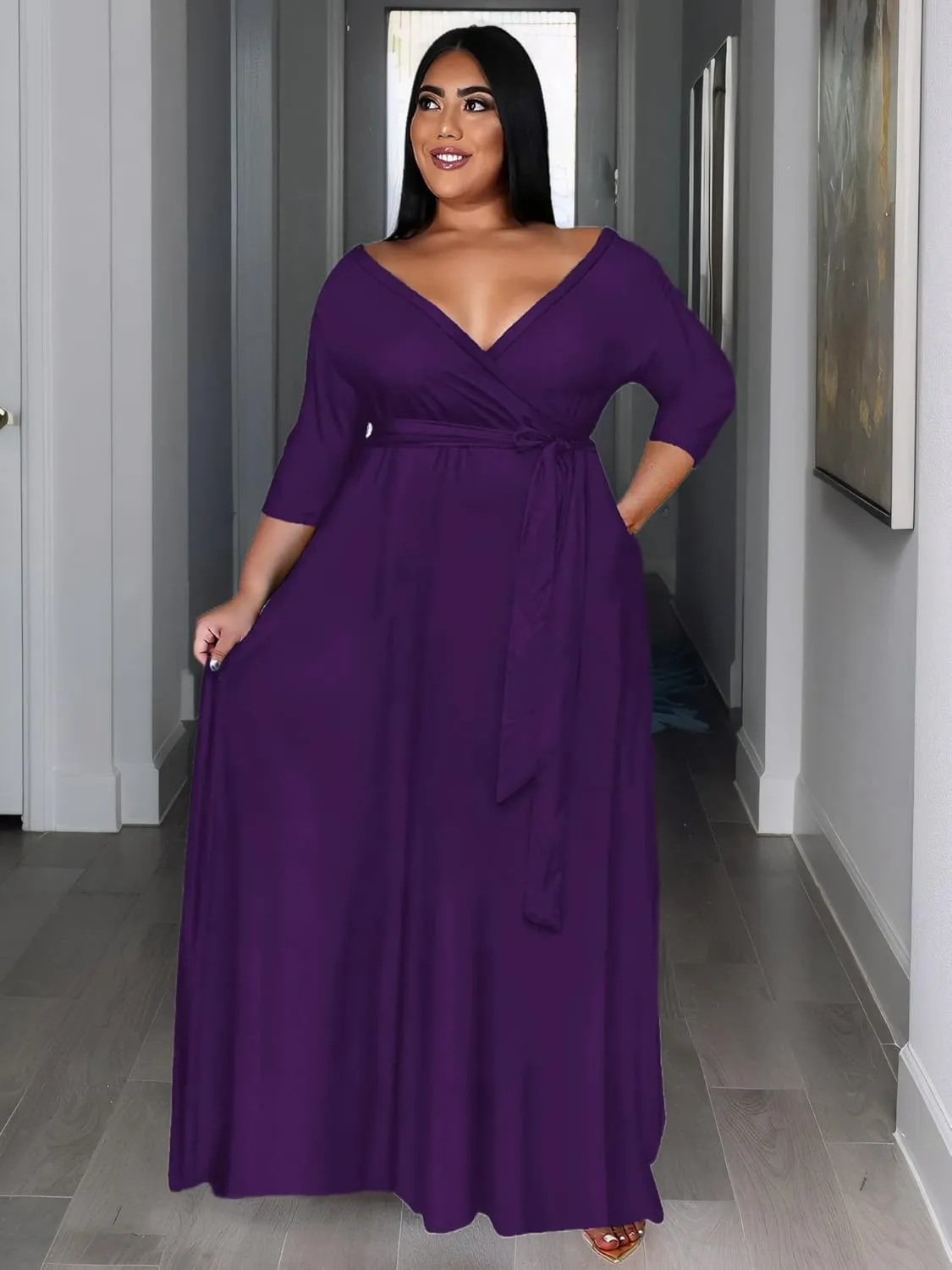 Women's Plus Size Long Maxi Wrap Dresses V Neck 3/4 Sleeve Summer Sundress with Belt