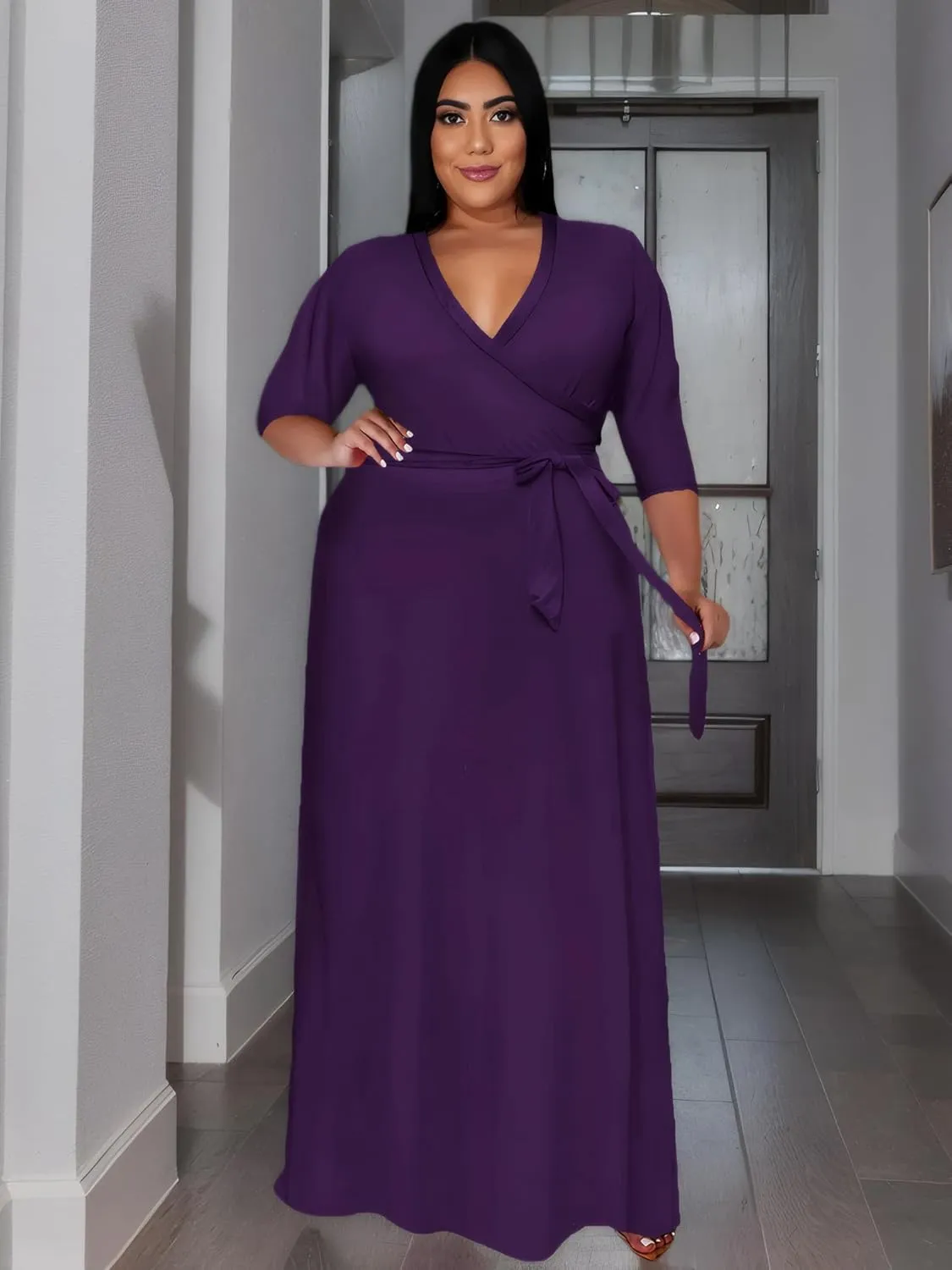Women's Plus Size Long Maxi Wrap Dresses V Neck 3/4 Sleeve Summer Sundress with Belt