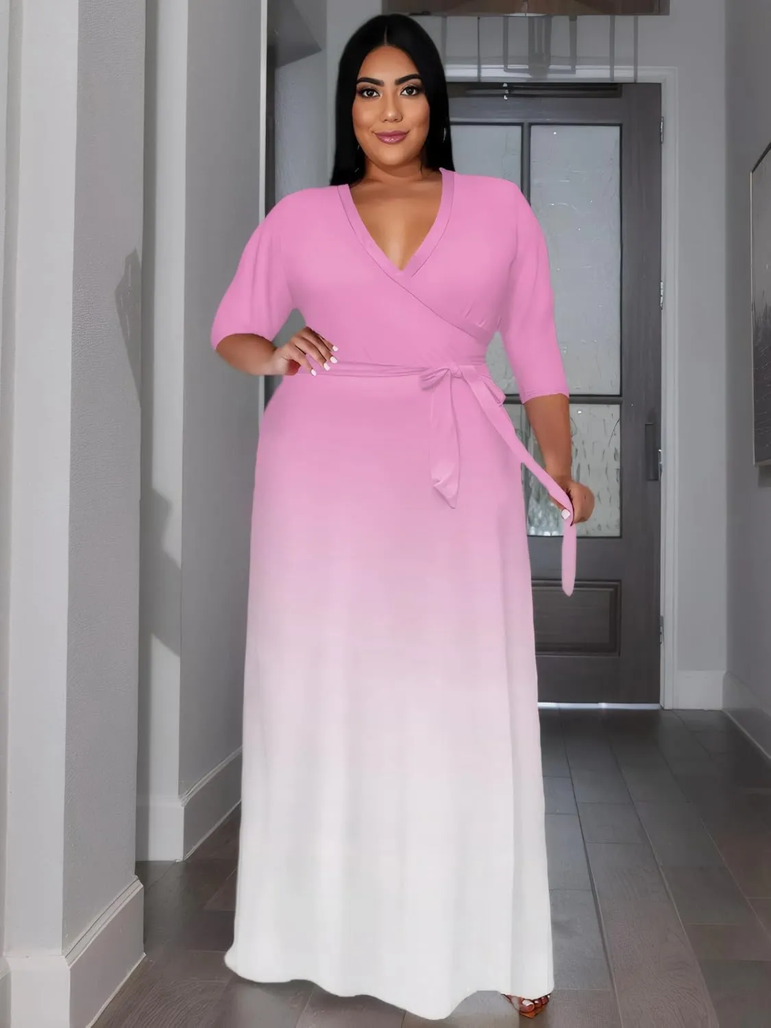 Women's Plus Size Long Maxi Wrap Dresses V Neck 3/4 Sleeve Summer Sundress with Belt