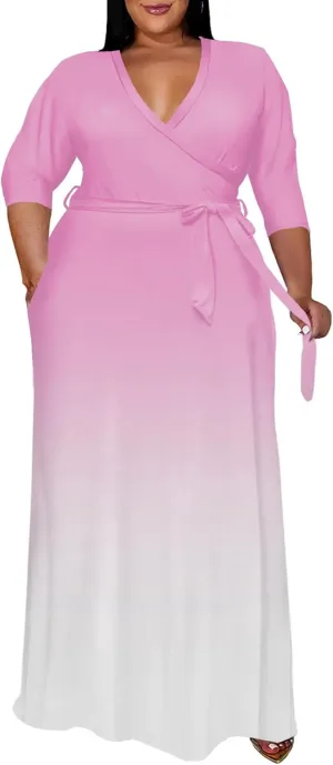 Women's Plus Size Long Maxi Wrap Dresses V Neck 3/4 Sleeve Summer Sundress with Belt