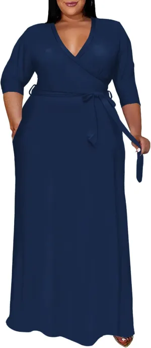 Women's Plus Size Long Maxi Wrap Dresses V Neck 3/4 Sleeve Summer Sundress with Belt