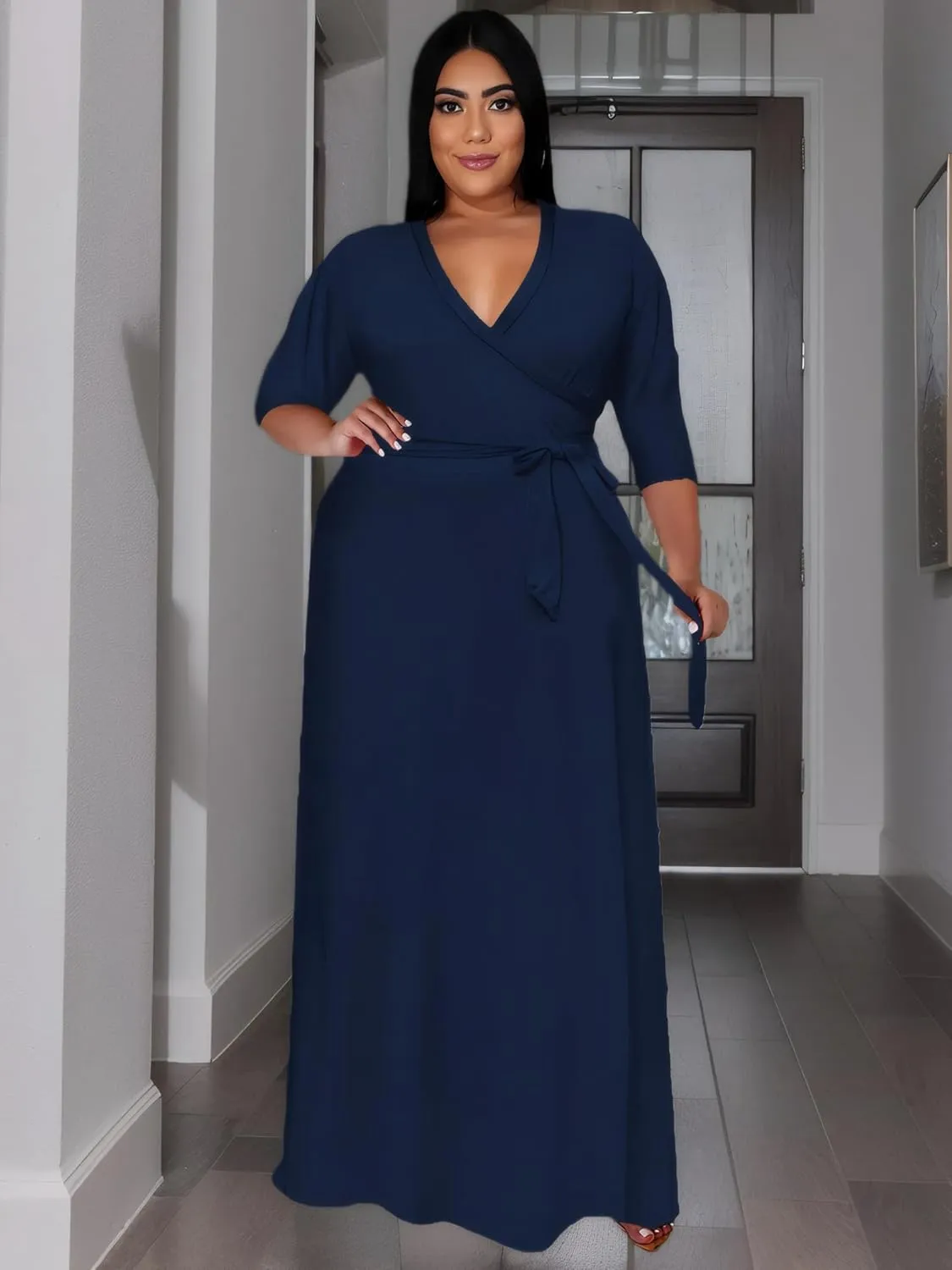 Women's Plus Size Long Maxi Wrap Dresses V Neck 3/4 Sleeve Summer Sundress with Belt