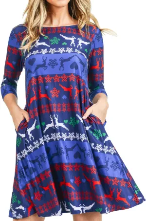 Women’s Printed Crew Neck A-Line Dresses with Pockets Casual Tropical Floral Novelty Animal Christmas Patterns