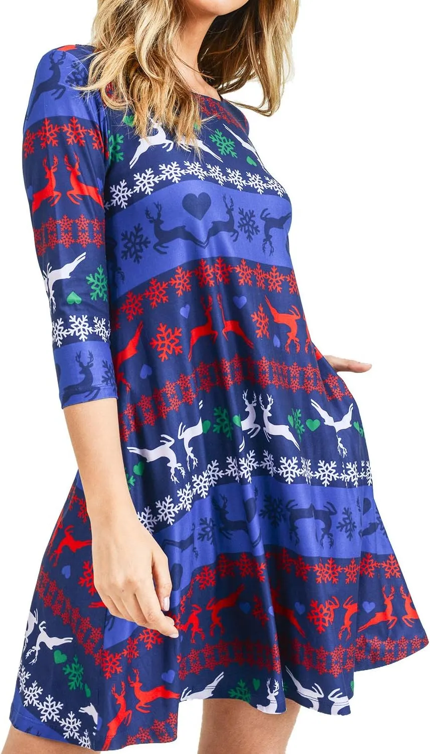 Women’s Printed Crew Neck A-Line Dresses with Pockets Casual Tropical Floral Novelty Animal Christmas Patterns