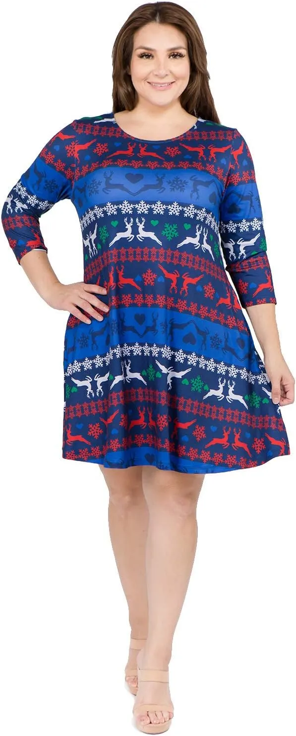 Women’s Printed Crew Neck A-Line Dresses with Pockets Casual Tropical Floral Novelty Animal Christmas Patterns